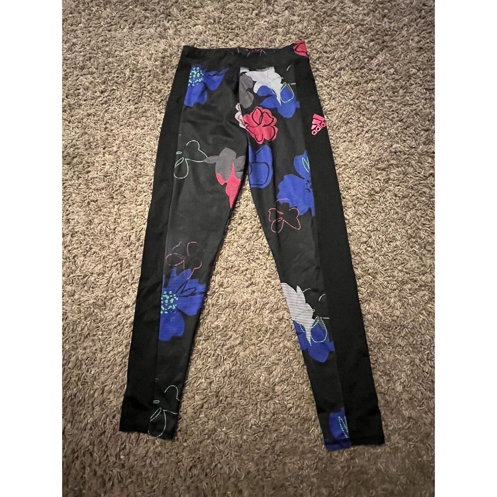 Adidas Floral Athletic Leggings Girl's Sz L (14) Black Multi‎ VGC!